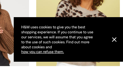 Sample of implied consent cookies banner from H&M Canada