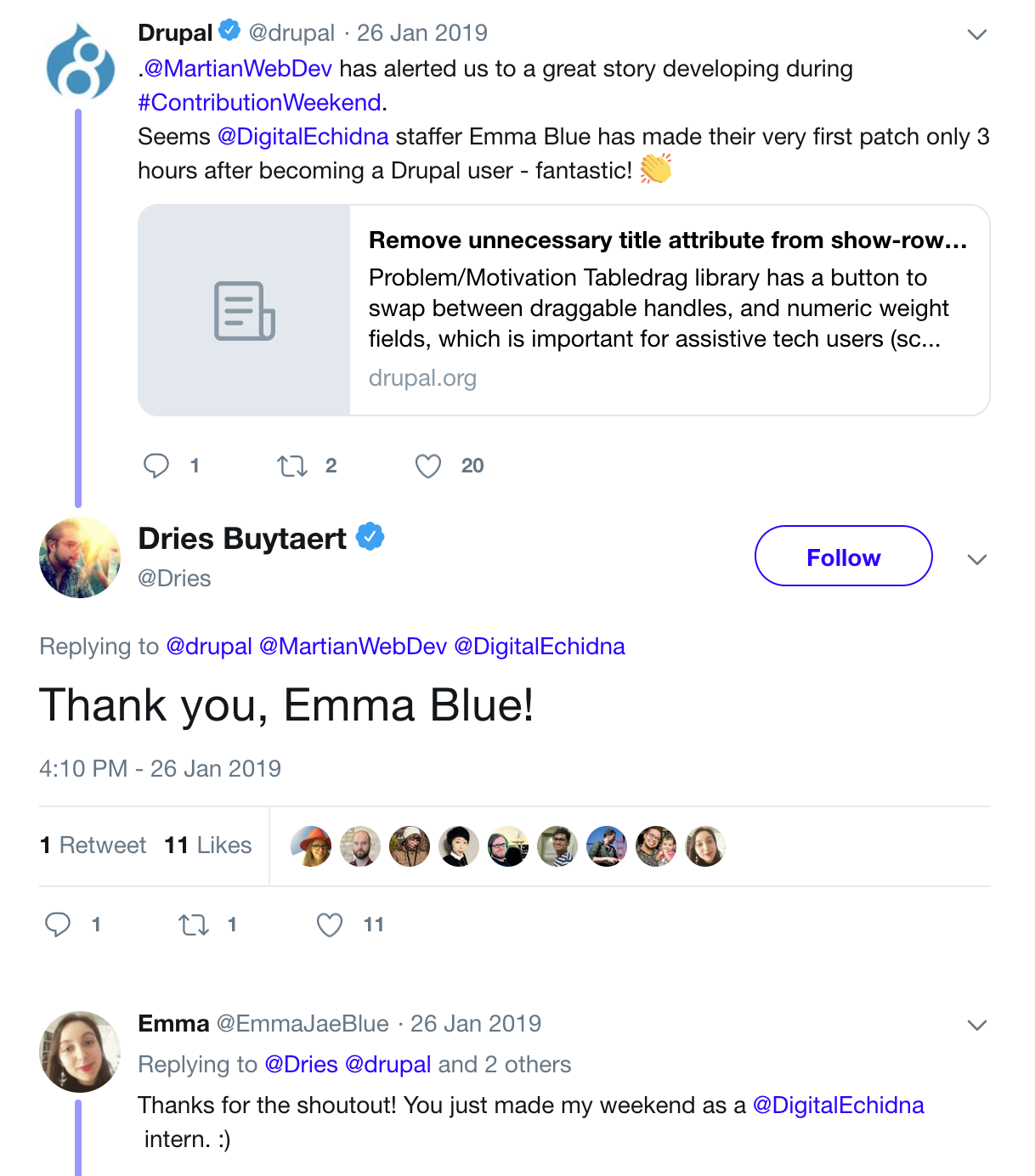 screenshot of twitter post of Dries congratulating Emma