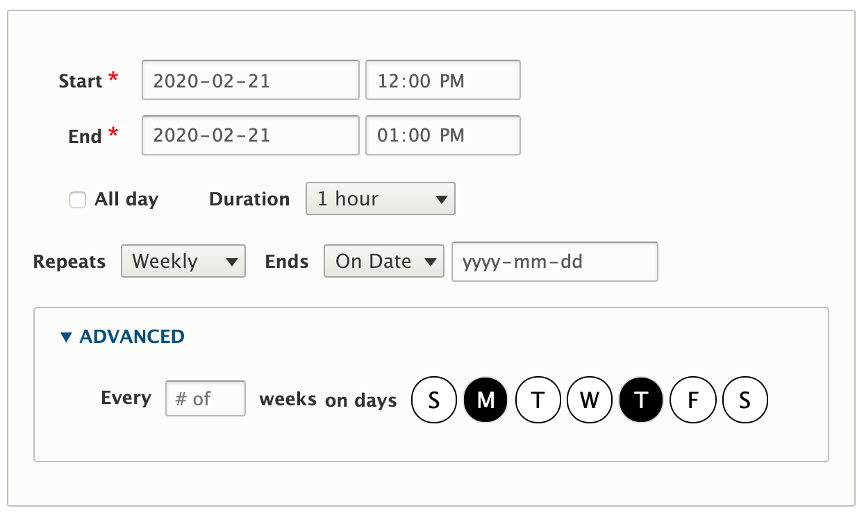 screen view of recurring dates editor 
