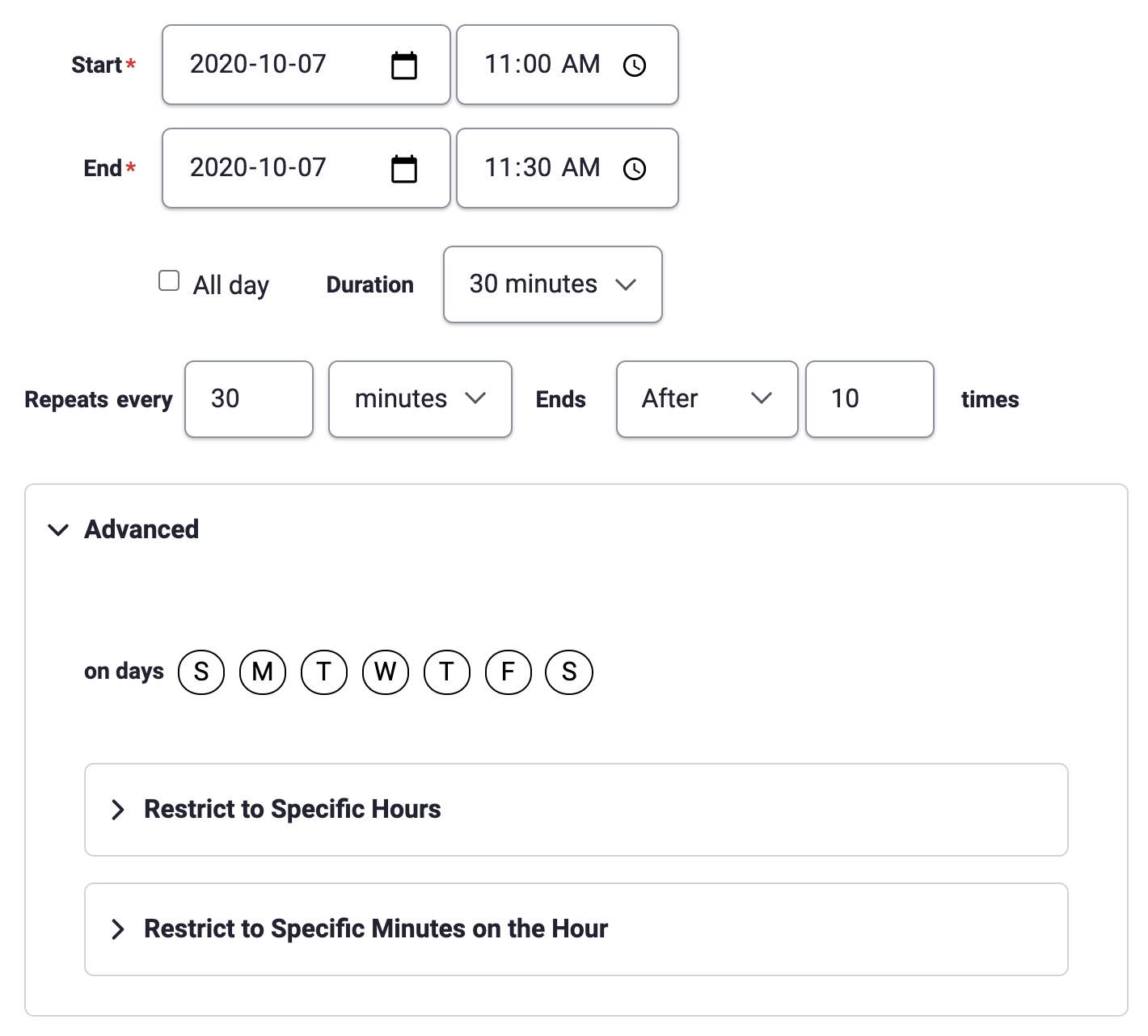 The updated Smart Date widget has the interval setting inline with the frequency, and includes the ability to specify hours and minutes on the hour as restrictions