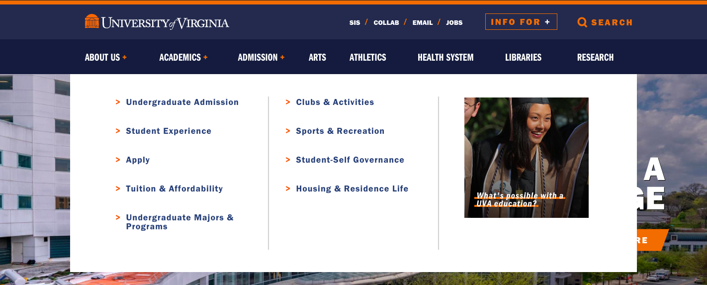 Main menu for the University of Virginia website.