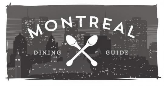 Two spoons and the words Montreal Dining Guide over top of the Montreal skyline.