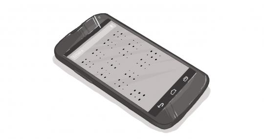 An image of an iPhone with Braille lettering on the screen.