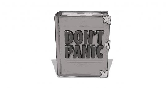 A Hitch-Hiker's Guide to the Galaxy homage with a book bearing the cover text that reads "Don't Panic."