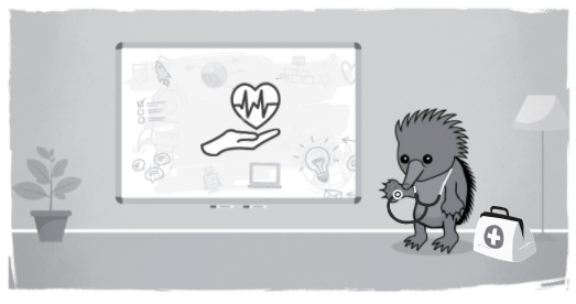 Echidna dressed as doctor beside whiteboard with health care symbols drawn on it