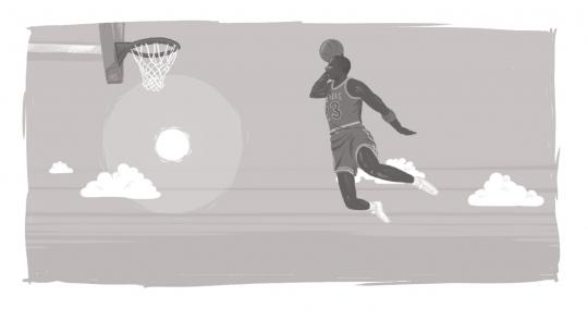 An image of Michael Jordan dunking on a basket in the sky.