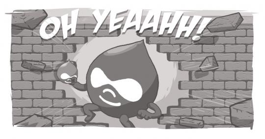 Image of the Drupal mascot breaking through a wall like the Kool-Aid Man.