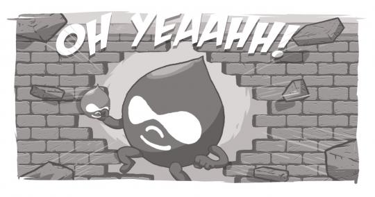 Drupal logo breaking through wall saying "oh yeah" like Koolaid Man