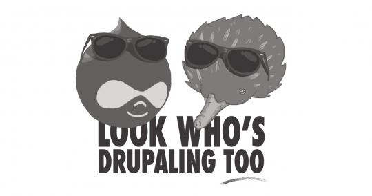 An image of a Drupal Drop and an Echidna mirroring the Look Who's Talking Too poster.