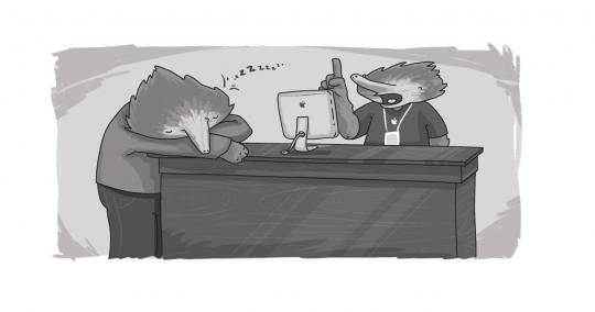 An image of an echidna droning on, putting its customer to sleep at a desk.