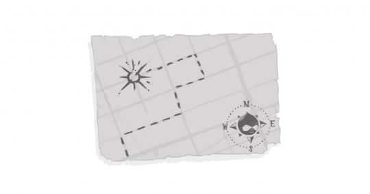 A treasure map, with a Drupal Drop in the compass rose and a path leading to a stylized Digital Echidna logo