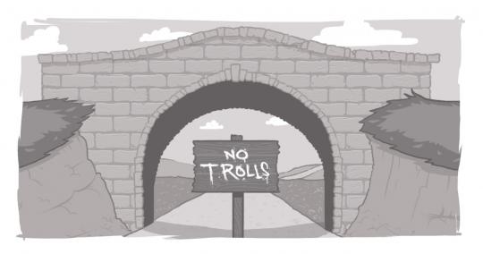 An image of a bridge, under which appears a sign that reads, "No Trolls"