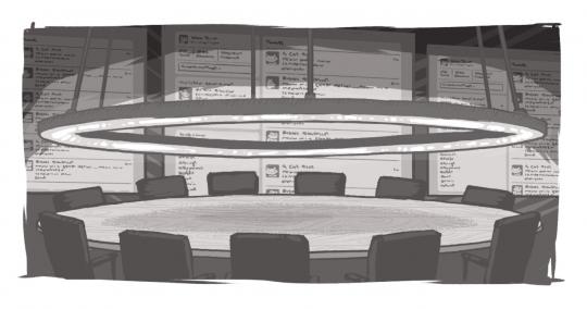 illustration of round table surrounded by chairs with one wall flanked with tv screens